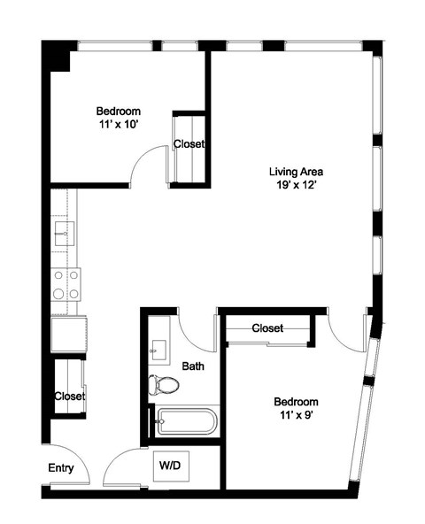 Floor plan for 2 beds, 1 bath, 872 sqft